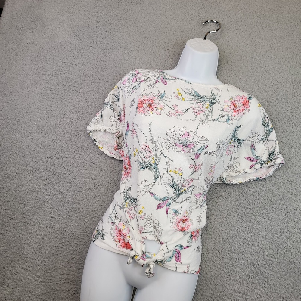 Buffalo David Bitton Floral Top Womens XL White Cropped‎ Tie Front Floral Boho